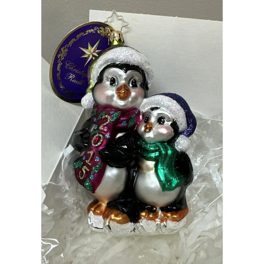 Christopher Radko 2015 Penguin Pair Danbury Mint Glass Christmas Ornament